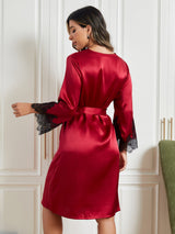 [Mørkerød] SilkSilky-DK Pure Silk 3/4 Sleeve Womens Robe 002