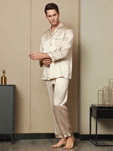 [Tan] SilkSilky-DK Pure Silk Long Sleeve Revers Pyjamas til Mænd 002