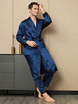 [Mørkeblå] SilkSilky-DK Pure Silk Long Sleeve Revers Morgenkåbe til Mænd 005
