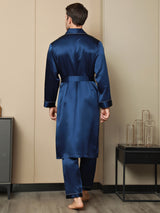 [Mørkeblå] SilkSilky-DK Pure Silk Long Sleeve Revers Morgenkåbe til Mænd 002