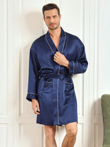 [Mørkeblå] SilkSilky-DK Pure Silk 3/4 Sleeve Mens Robe 001
