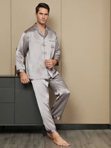[Grå] SilkSilky-DK Pure Silk Long Sleeve Revers Pyjamas til Mænd 006