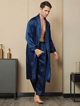 [Mørkeblå] SilkSilky-DK Pure Silk Long Sleeve Revers Morgenkåbe til Mænd 009