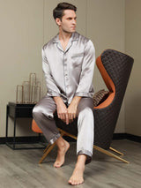 [Grå] SilkSilky-DK Pure Silk Long Sleeve Revers Pyjamas til Mænd 001