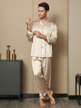[Tan] SilkSilky-DK Pure Silk Long Sleeve Revers Pyjamas til Mænd 006