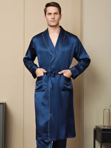 [Mørkeblå] SilkSilky-DK Pure Silk Long Sleeve Revers Morgenkåbe til Mænd 001