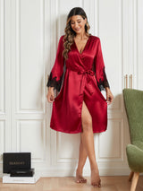 [Mørkerød] SilkSilky-DK Pure Silk 3/4 Sleeve Womens Robe 005