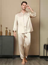[Tan] SilkSilky-DK Pure Silk Long Sleeve Revers Pyjamas til Mænd 005