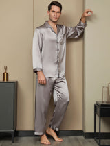 [Grå] SilkSilky-DK Pure Silk Long Sleeve Revers Pyjamas til Mænd 005