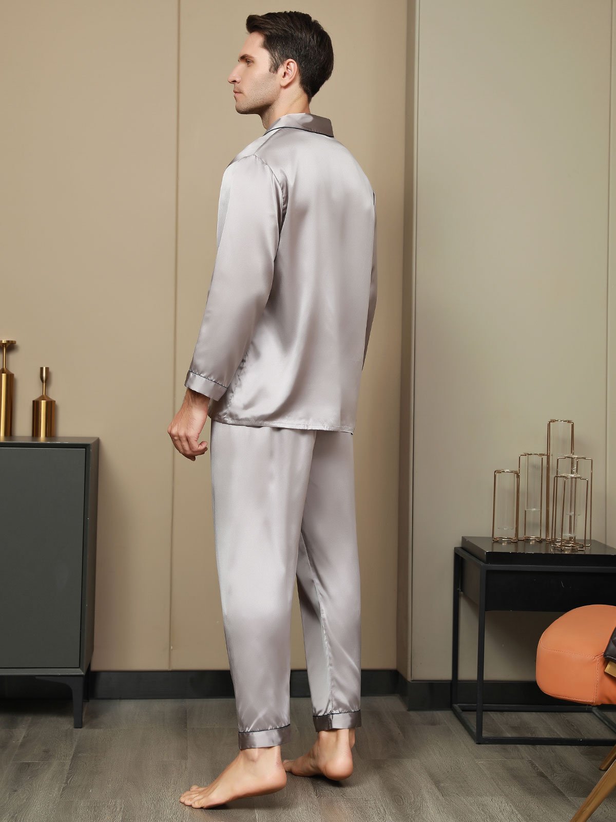 SilkSilky DK Pure Silk Long Sleeve Revers Pyjamas til Mænd Grå 003