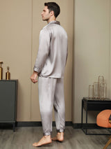 [Grå] SilkSilky-DK Pure Silk Long Sleeve Revers Pyjamas til Mænd 003