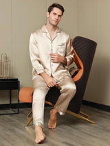 [Tan] SilkSilky-DK Pure Silk Long Sleeve Revers Pyjamas til Mænd 001
