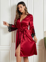 [Mørkerød] SilkSilky-DK Pure Silk 3/4 Sleeve Womens Robe 004