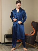 [Mørkeblå] SilkSilky-DK Pure Silk Long Sleeve Revers Morgenkåbe til Mænd 006