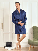 [Mørkeblå] SilkSilky-DK Pure Silk 3/4 Sleeve Mens Robe 005