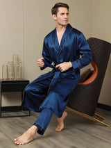 [Mørkeblå] SilkSilky-DK Pure Silk Long Sleeve Revers Morgenkåbe til Mænd 007