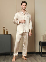 [Tan] SilkSilky-DK Pure Silk Long Sleeve Revers Pyjamas til Mænd 003
