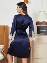 [Mørkeblå] SilkSilky-DK Pure Silk 3/4 Sleeve Womens Robe 002