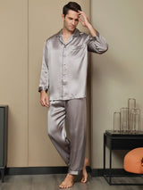 [Grå] SilkSilky-DK Pure Silk Long Sleeve Revers Pyjamas til Mænd 002
