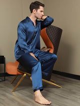 [Mørkeblå] SilkSilky-DK Pure Silk Long Sleeve Revers Pyjamas til Mænd 008