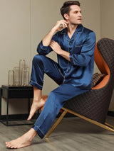 [Mørkeblå] SilkSilky-DK Pure Silk Long Sleeve Revers Pyjamas til Mænd 002