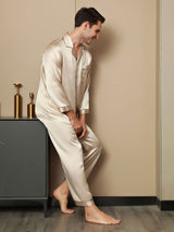 [Tan] SilkSilky-DK Pure Silk Long Sleeve Revers Pyjamas til Mænd 008