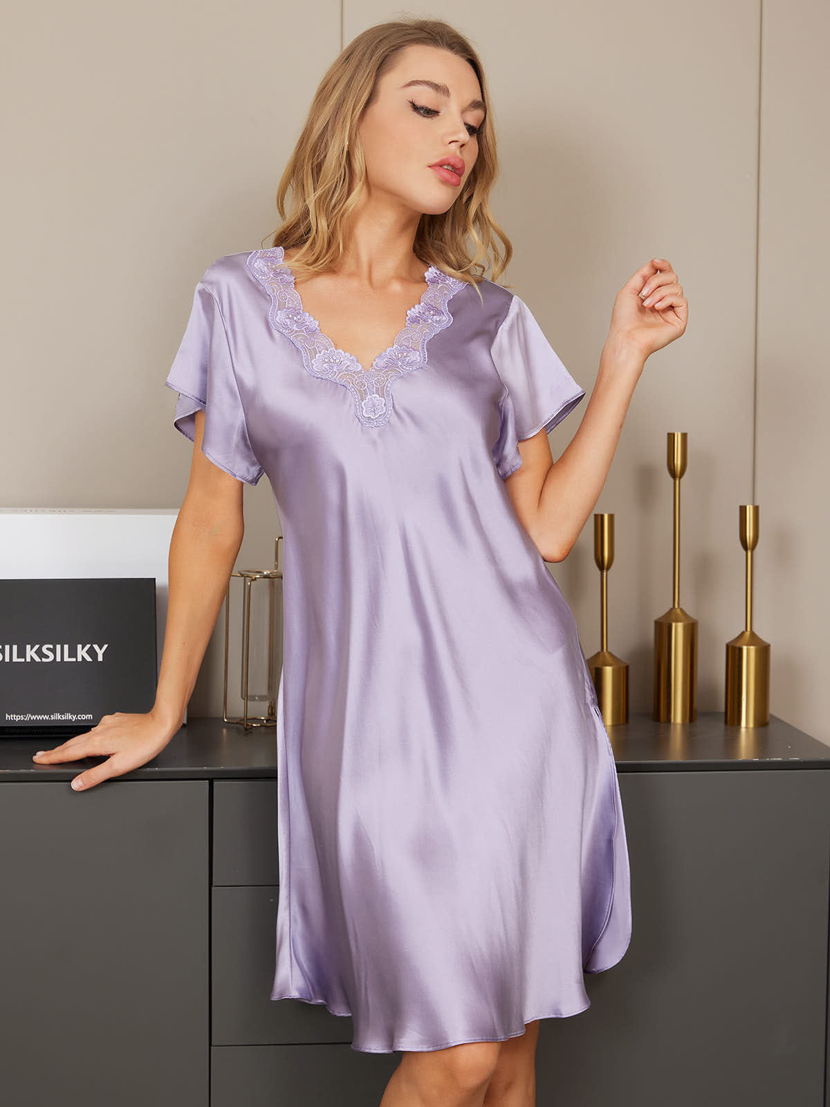 SilkSilky-DK-Pure-Silk-Short-Sleeve-Sweetheart-Neck-Natkjole-Lilla-010