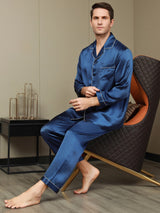 [Mørkeblå] SilkSilky-DK Pure Silk Long Sleeve Revers Pyjamas til Mænd 006