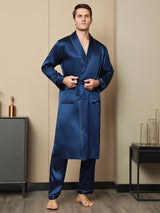 [Mørkeblå] SilkSilky-DK Pure Silk Long Sleeve Revers Morgenkåbe til Mænd 004