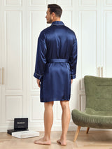 [Mørkeblå] SilkSilky-DK Pure Silk 3/4 Sleeve Mens Robe 002