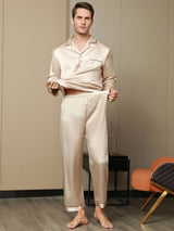 [Tan] SilkSilky-DK Pure Silk Long Sleeve Revers Pyjamas til Mænd 010