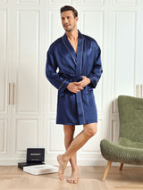 [Mørkeblå] SilkSilky-DK Pure Silk 3/4 Sleeve Mens Robe 004