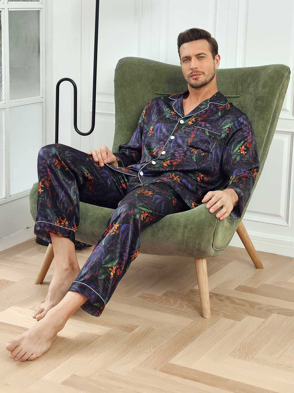 SilkSilky-DK-Pure-Silk-Long-Sleeve-Revers-Pyjamas-til-Mænd-Multi-009