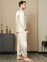 [Tan] SilkSilky-DK Pure Silk Long Sleeve Revers Pyjamas til Mænd 004