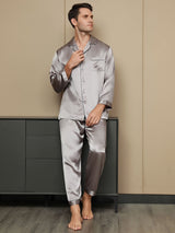 [Grå] SilkSilky-DK Pure Silk Long Sleeve Revers Pyjamas til Mænd 004