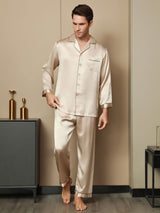 [Tan] SilkSilky-DK Pure Silk Long Sleeve Revers Pyjamas til Mænd 007
