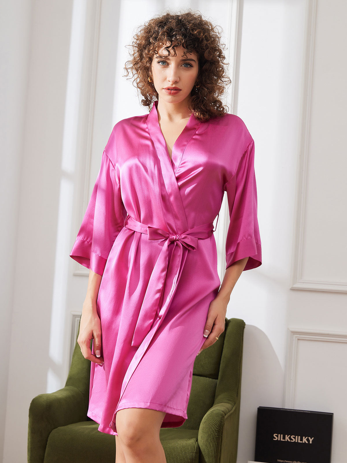 SilkSilky DK Pure Silk Half Sleeve Womens Robe Rosenrød 004