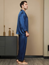 [Mørkeblå] SilkSilky-DK Pure Silk Long Sleeve Revers Pyjamas til Mænd 003
