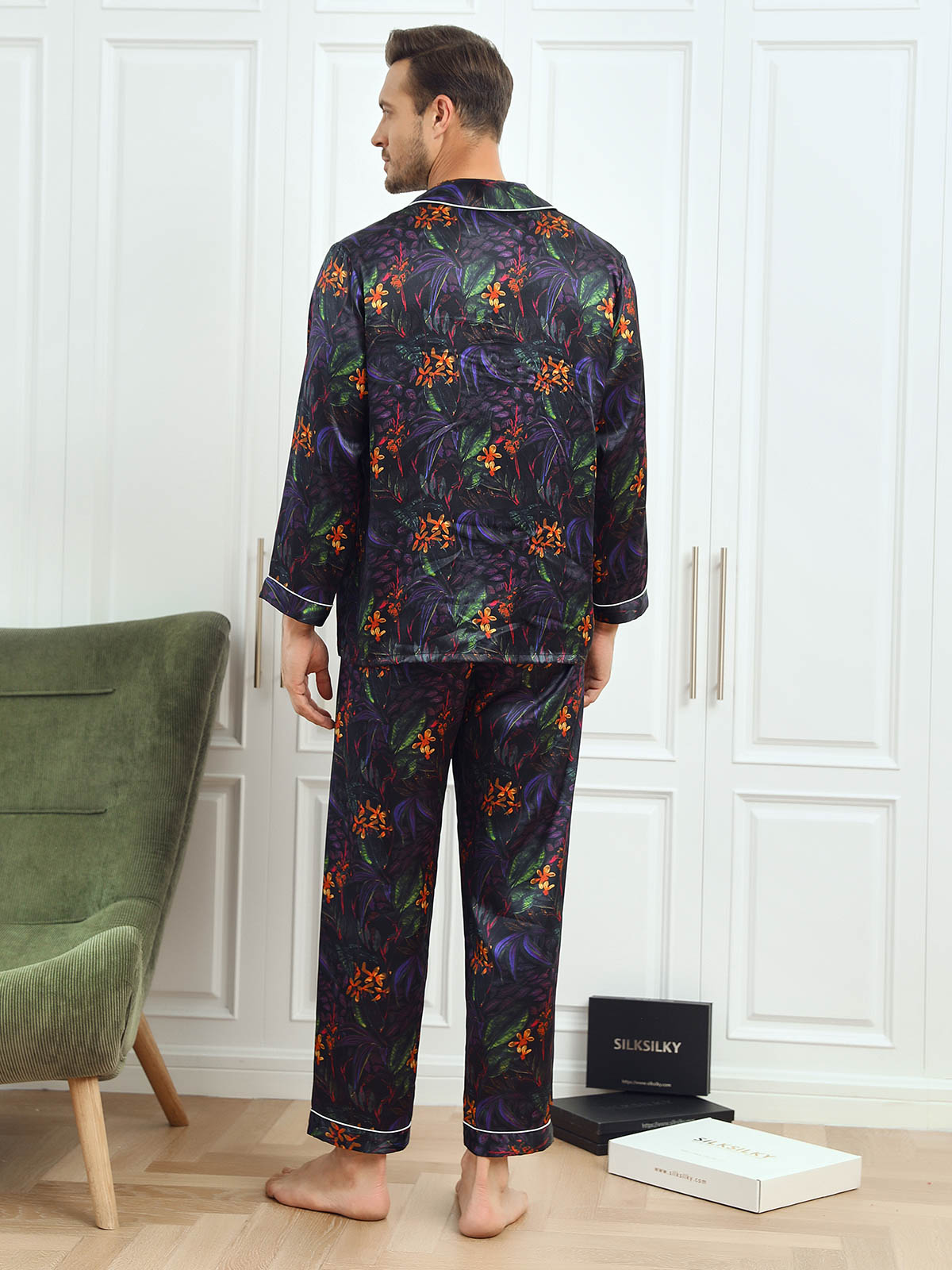 SilkSilky-DK-Pure-Silk-Long-Sleeve-Revers-Pyjamas-til-Mænd-Multi-002