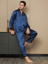 [Mørkeblå] SilkSilky-DK Pure Silk Long Sleeve Revers Pyjamas til Mænd 001